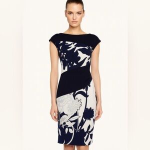 ESCADA Floral Print Career Black Navy White Sheath Dress Women's Size 40 NWOT
